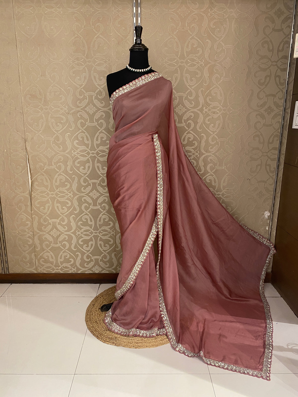 Mauve Pink Organza Silk Embroidery Saree, With Readymade Blouse