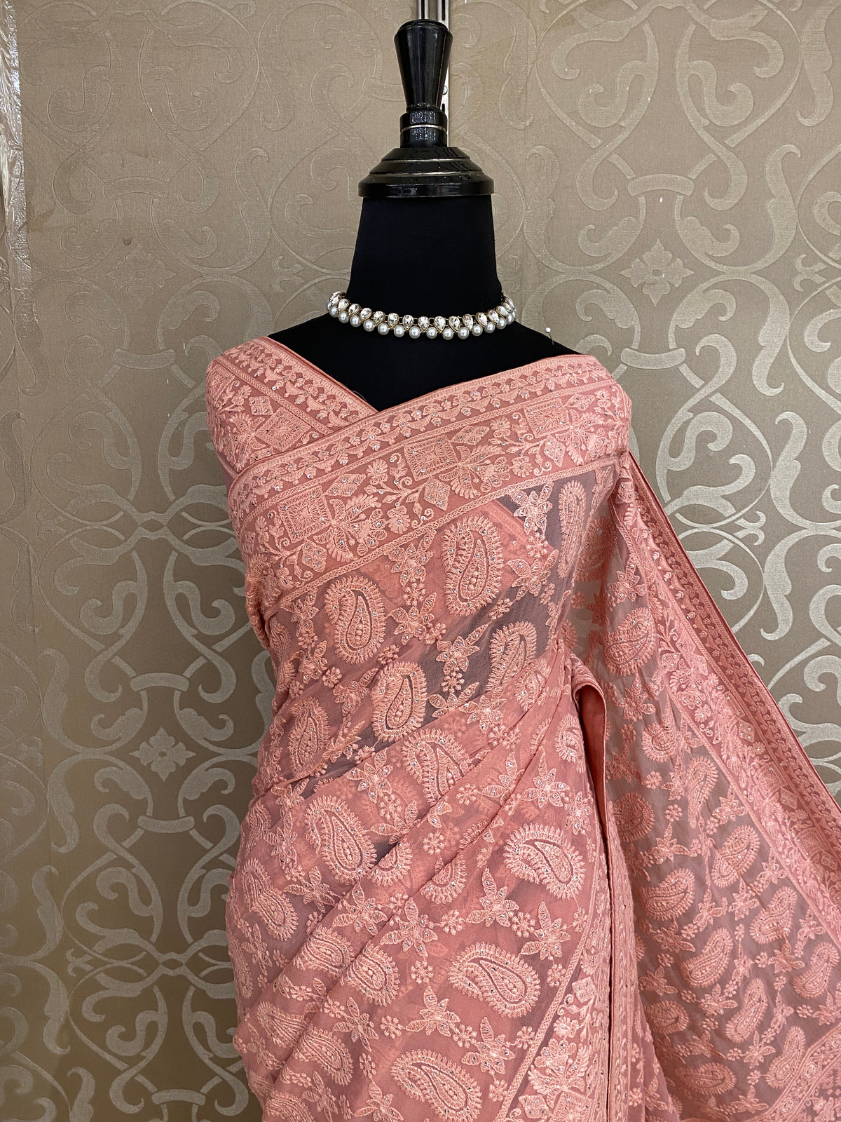 Pink Georgette Chikankari Embroidery Saree, With Unstitched Blouse