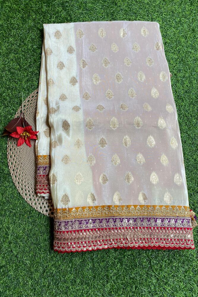 Off-White Gold Tissue Khaddi With Embroidery Border Saree, With Unstiched Blouse