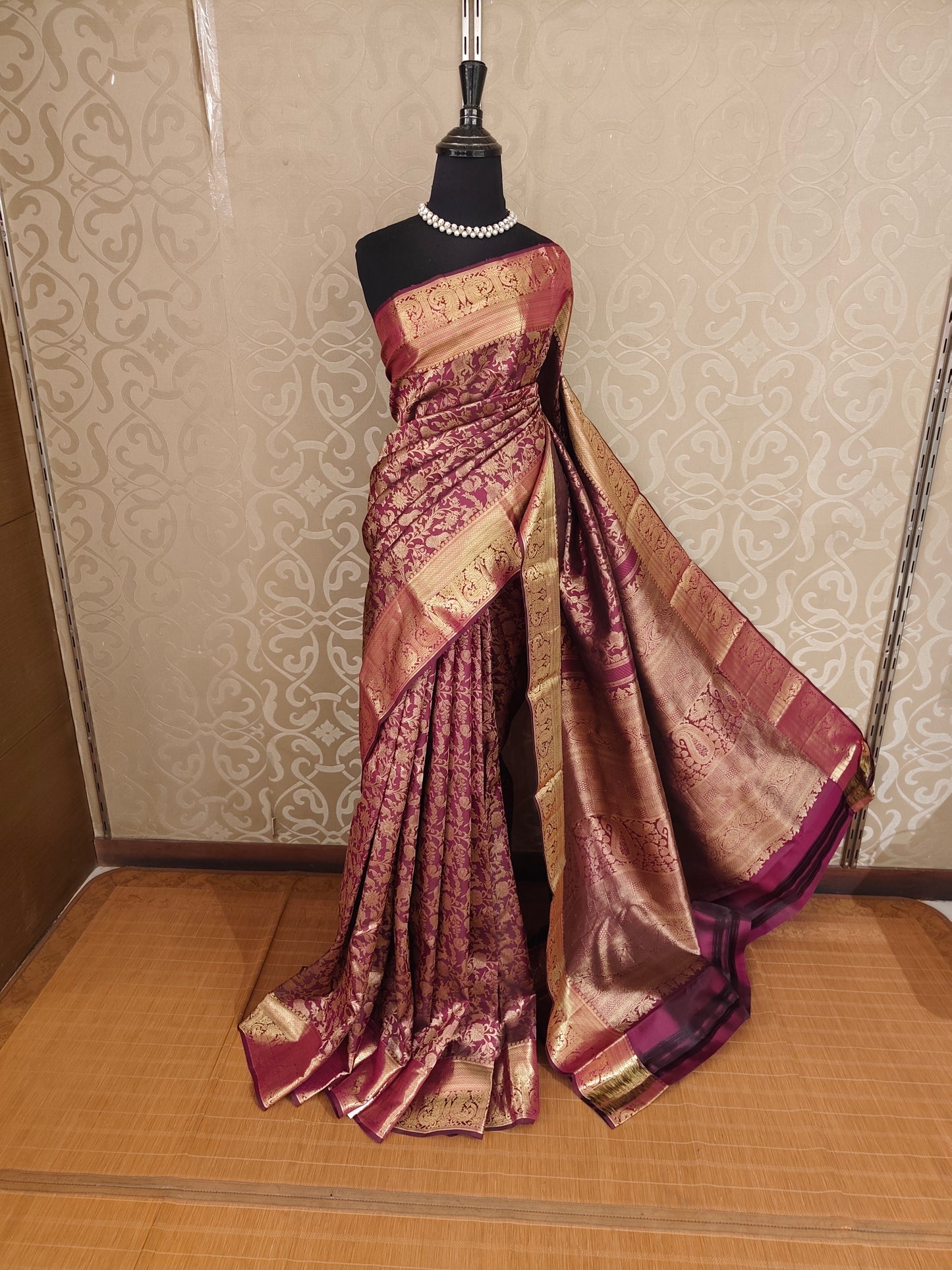 Golden Purple Pure Kanjeevaram Silk Saree, With Unstiched Blouse