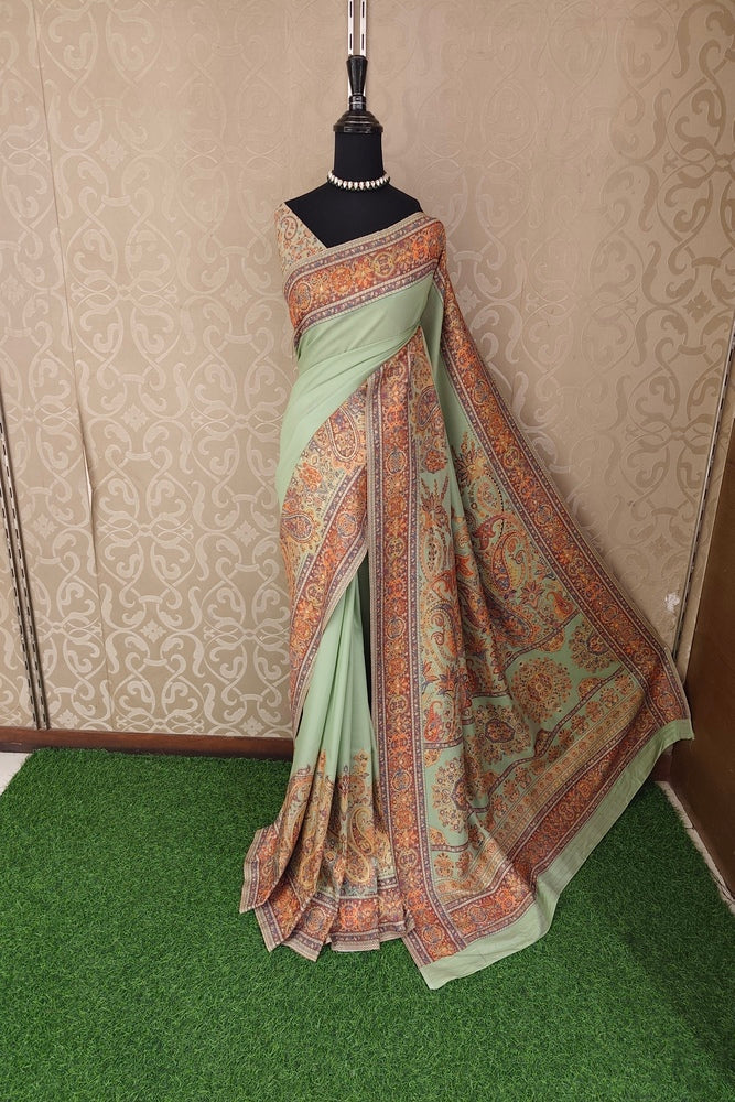 Firozy Green Pure Kani Handloom Silk Saree With Floral Woven Blouse
