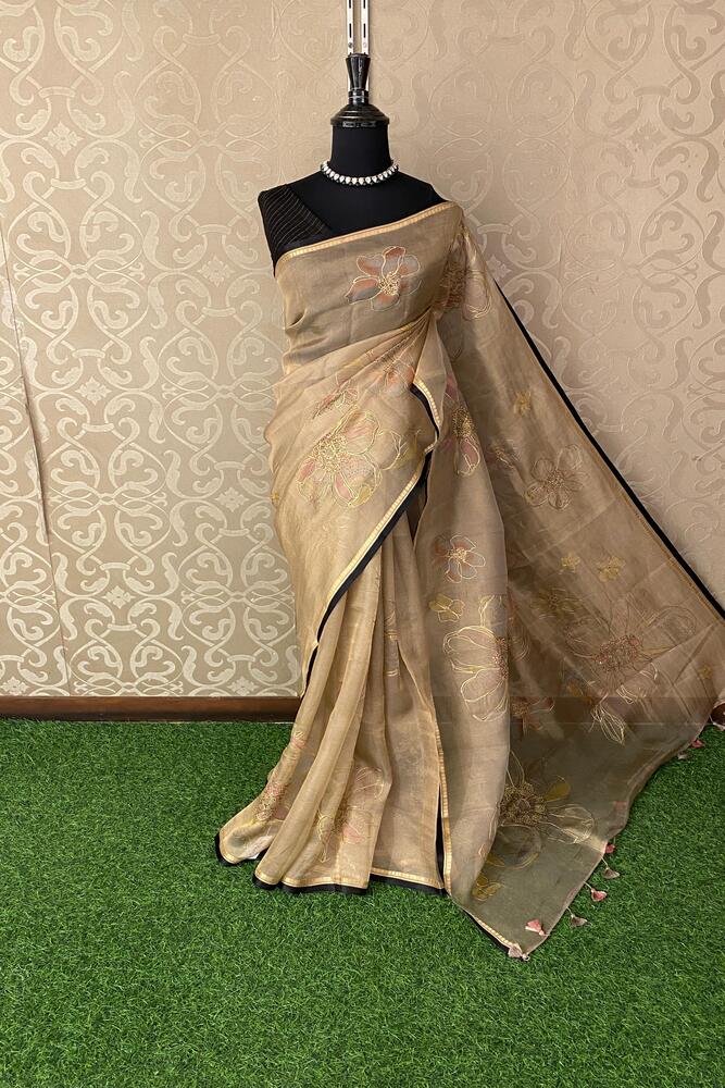 Beige Tissue Organza Silk Saree With Aari Work, With Unstiched Blouse