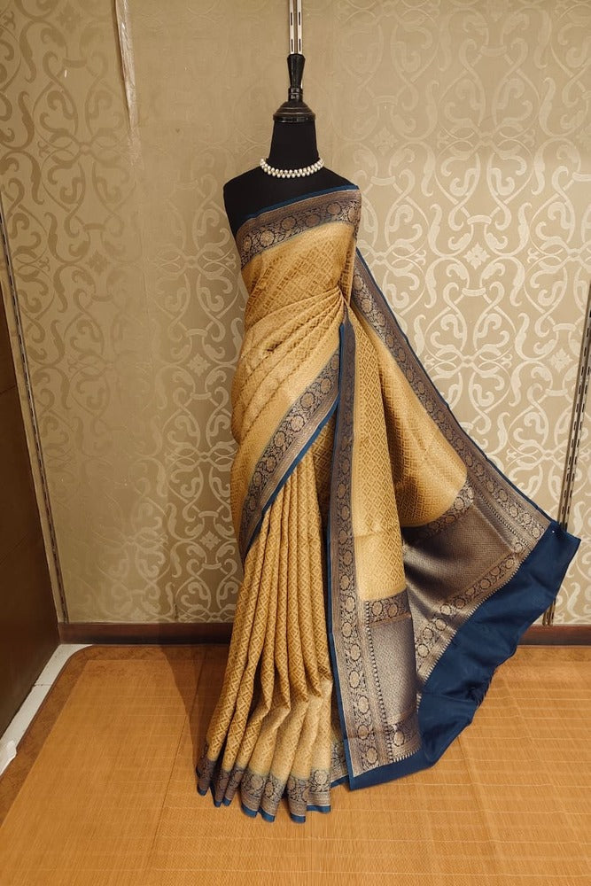 Beige Brocade Kora Banarasi Silk Saree, With Unstiched Blouse
