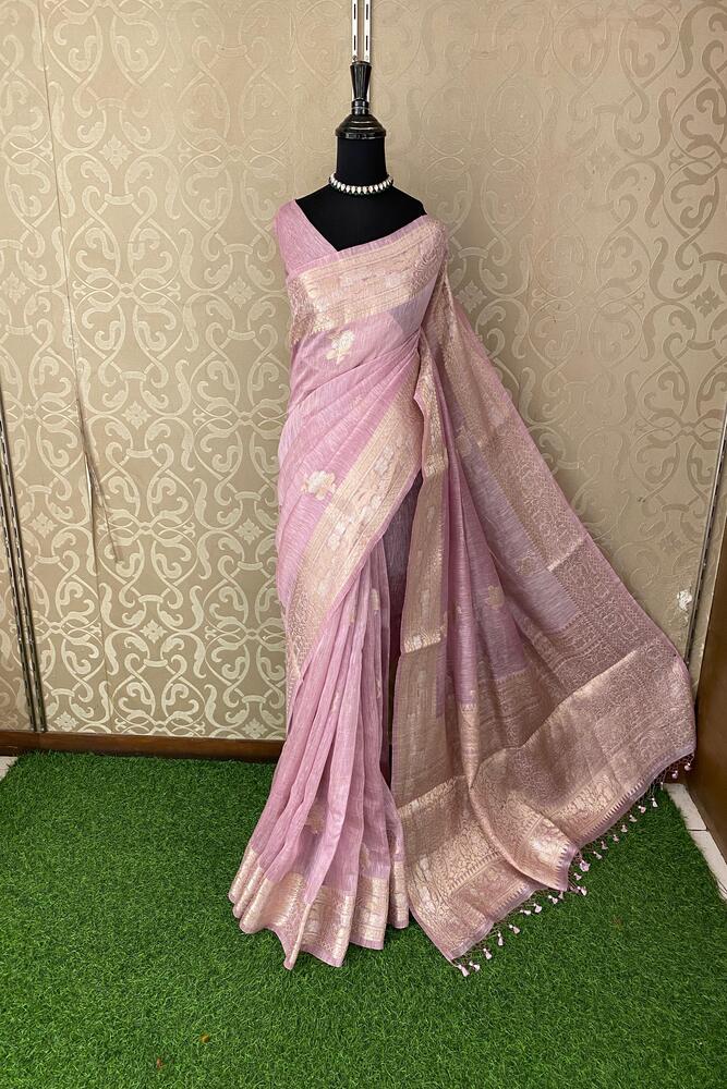 Light Purple Linen Banarasi Saree With Unstiched Blouse