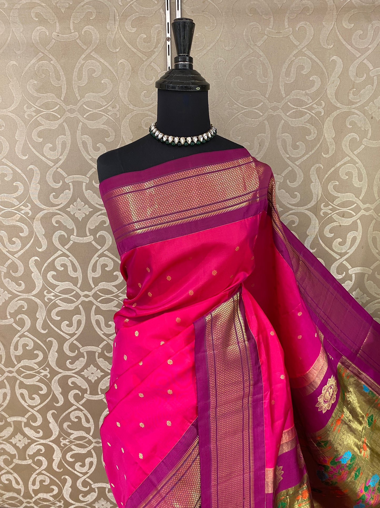 Rani & Red Paithani Silk Saree, Multi Colour Weaving, With Unstiched Blouse