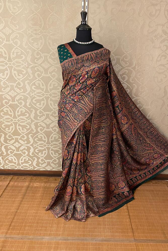 Deep Green Pure Kani Handloom Silk Saree With Floral Woven Blouse