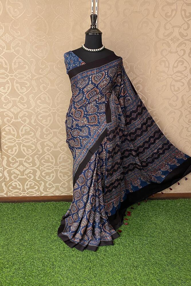Blue Pure Modal Silk Ajrakh Printed Saree With Unstiched Blouse