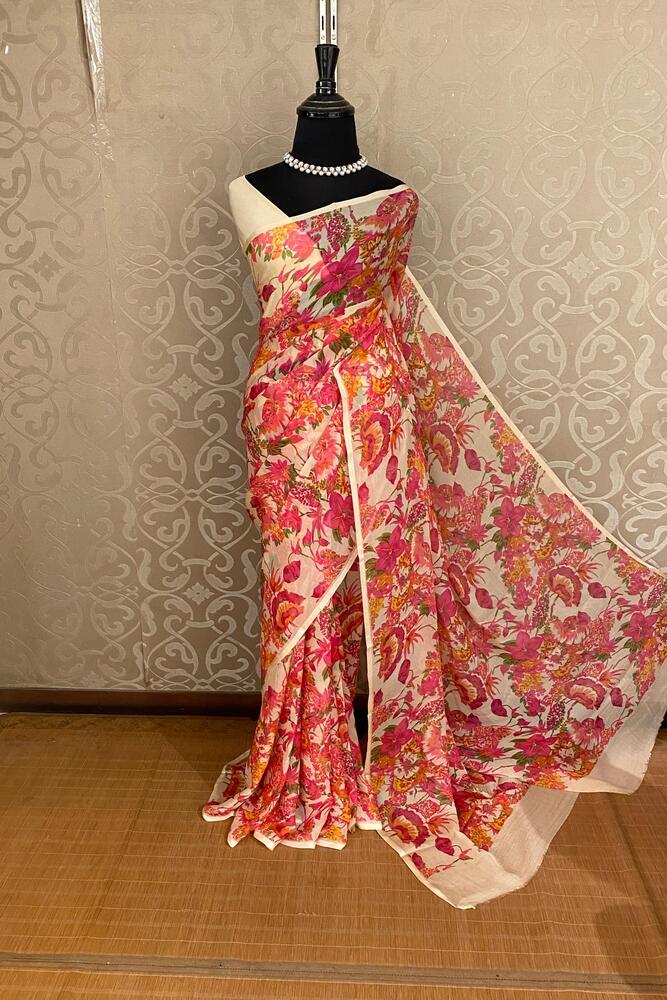 Off-White Red Floral Printed Chiffon Saree, With Unstiched Blouse Piece
