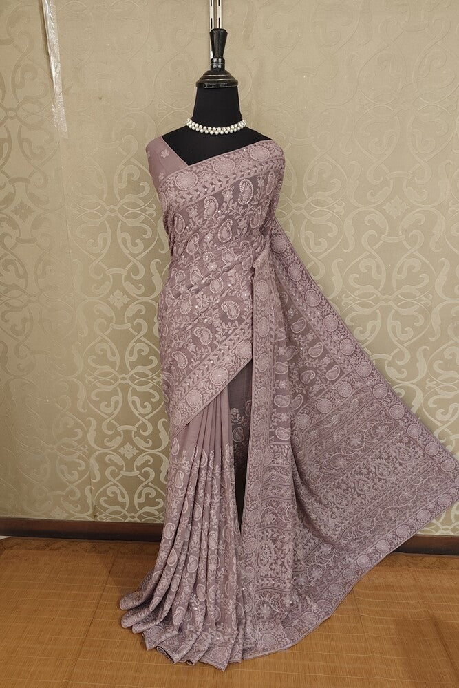 Dusty Purple Georgette Saree With Chikankari Embroidery, Unstitched Blouse