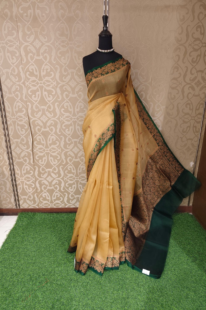 Beige Kora Banarasi Silk Saree, With Unstiched Blouse