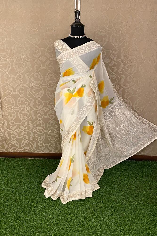 Off-White Printed Georgette Saree With Resham Embroidery Work, With Unstiched Blouse