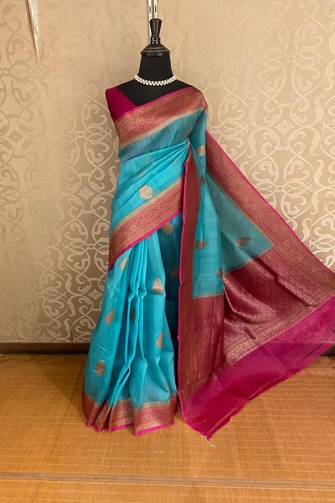 Sky Kora Banarasi Silk Saree, With Unstiched Blouse