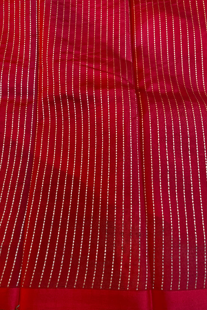 Red Poona Silk Saree Golden Zari Woven Buttas, With Unstich Blouse