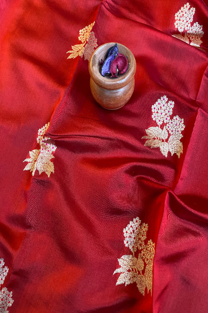 Red Poona Silk Saree Golden Zari Woven Buttas, With Unstich Blouse