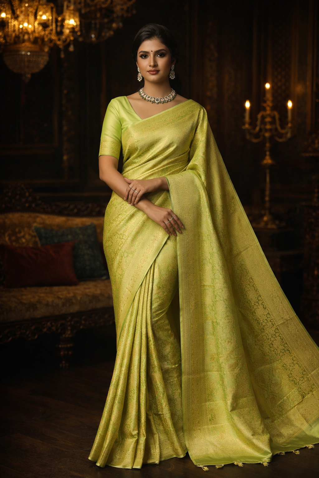 Lime Green Mashru Brocade Silk Saree With Unstiched Blouse