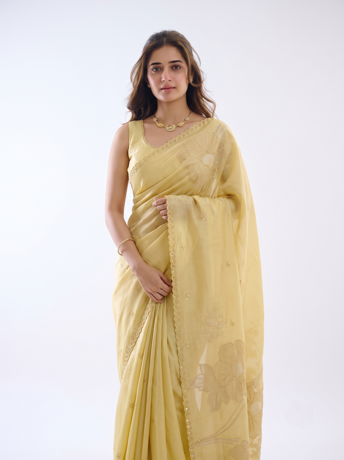 Yellow Tussar Applique Work Saree, With Unstiched Blouse