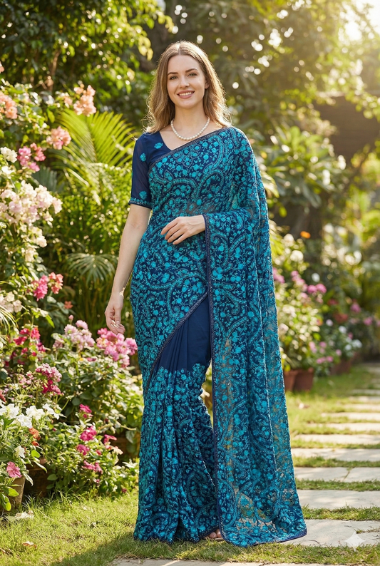 Navy Blue Georgette Saree With Kashmiri Work, With Unstiched Blouse