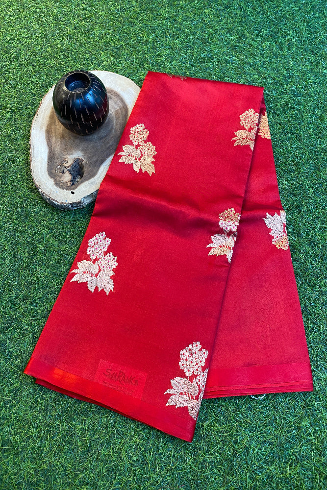 Red Poona Silk Saree Golden Zari Woven Buttas, With Unstich Blouse