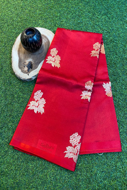 Red Poona Silk Saree Golden Zari Woven Buttas, With Unstich Blouse