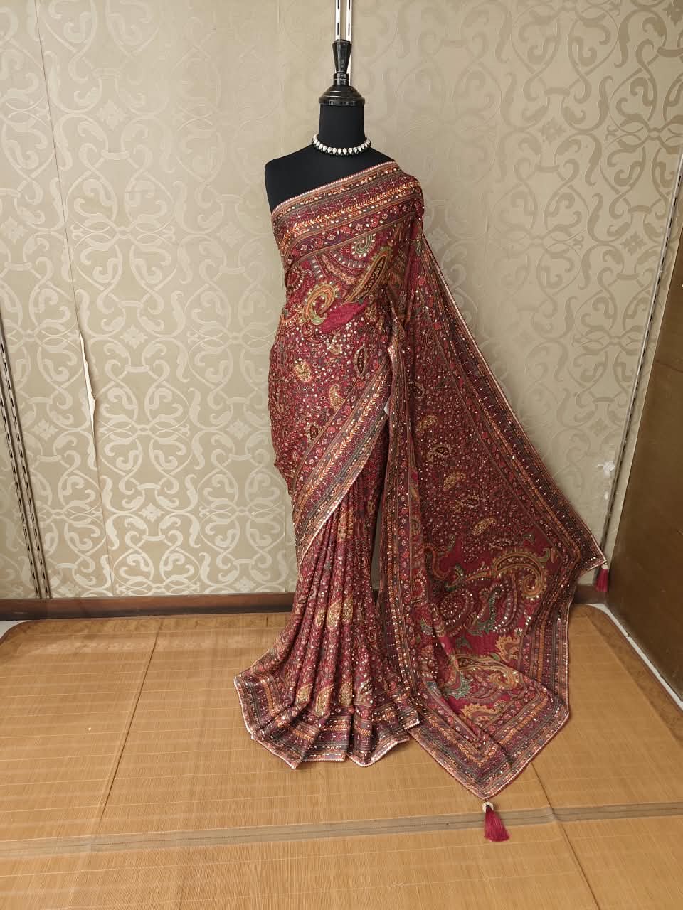 Wine & Multi Crepe Printed Stone Work Saree, With Readymade Blouse