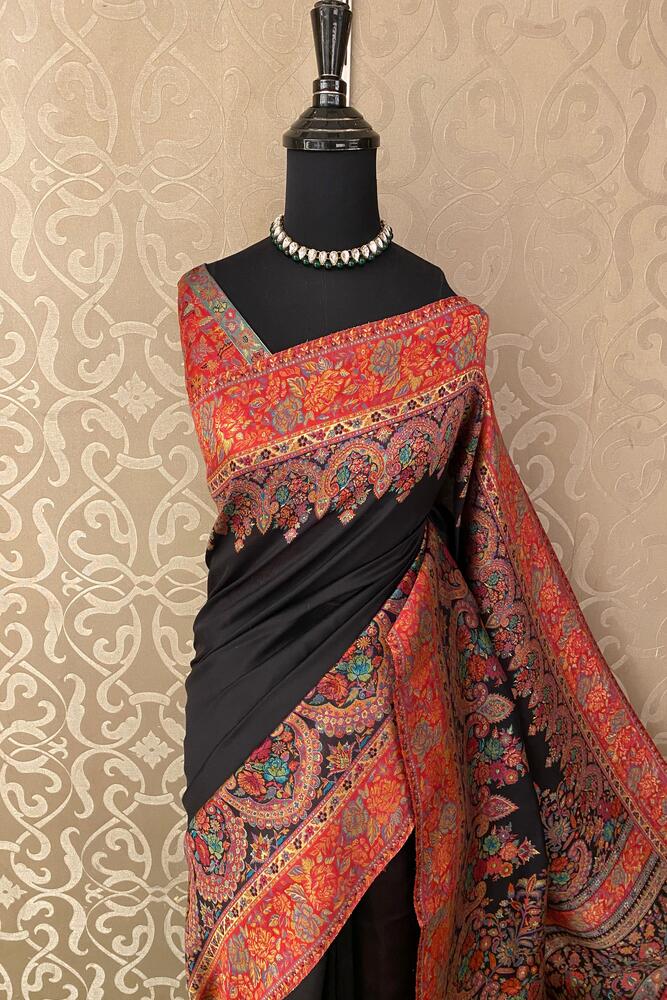 Black Pure Kani Handloom Silk Saree With Unstiched Jamewar Woven Blouse