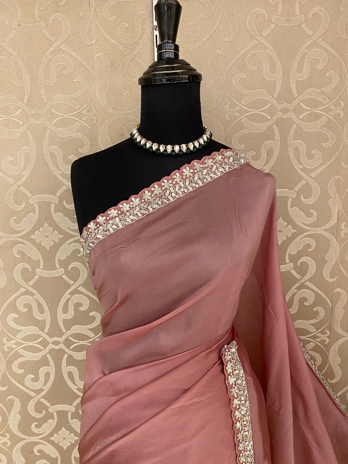 Mauve Pink Organza Silk Embroidery Saree, With Readymade Blouse