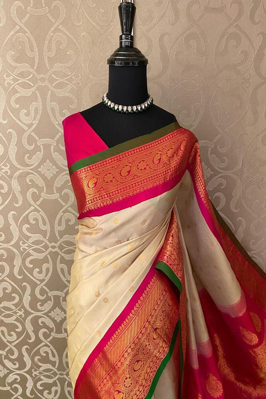 Off-White Gadwal Silk Sarees With Unstiched Blouse