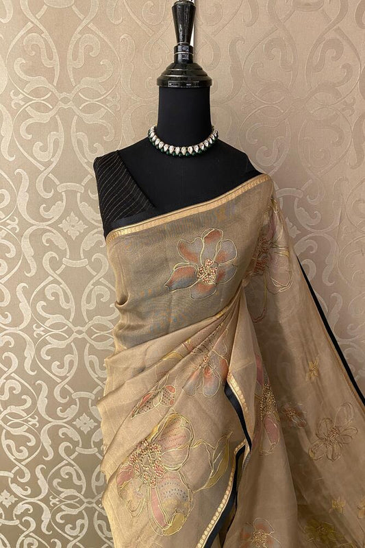 Beige Tissue Organza Silk Saree With Aari Work, With Unstiched Blouse