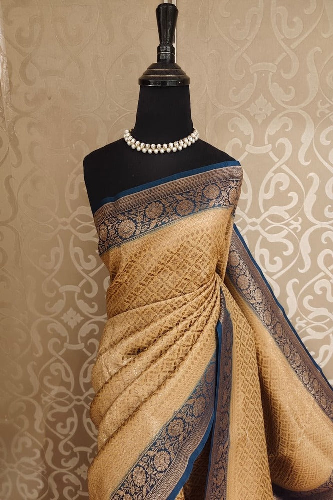 Beige Brocade Kora Banarasi Silk Saree, With Unstiched Blouse