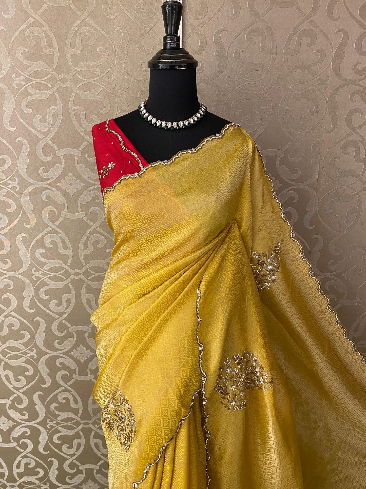 Yellow Tissue Silk Embroidery Saree, With Unstiched Blouse