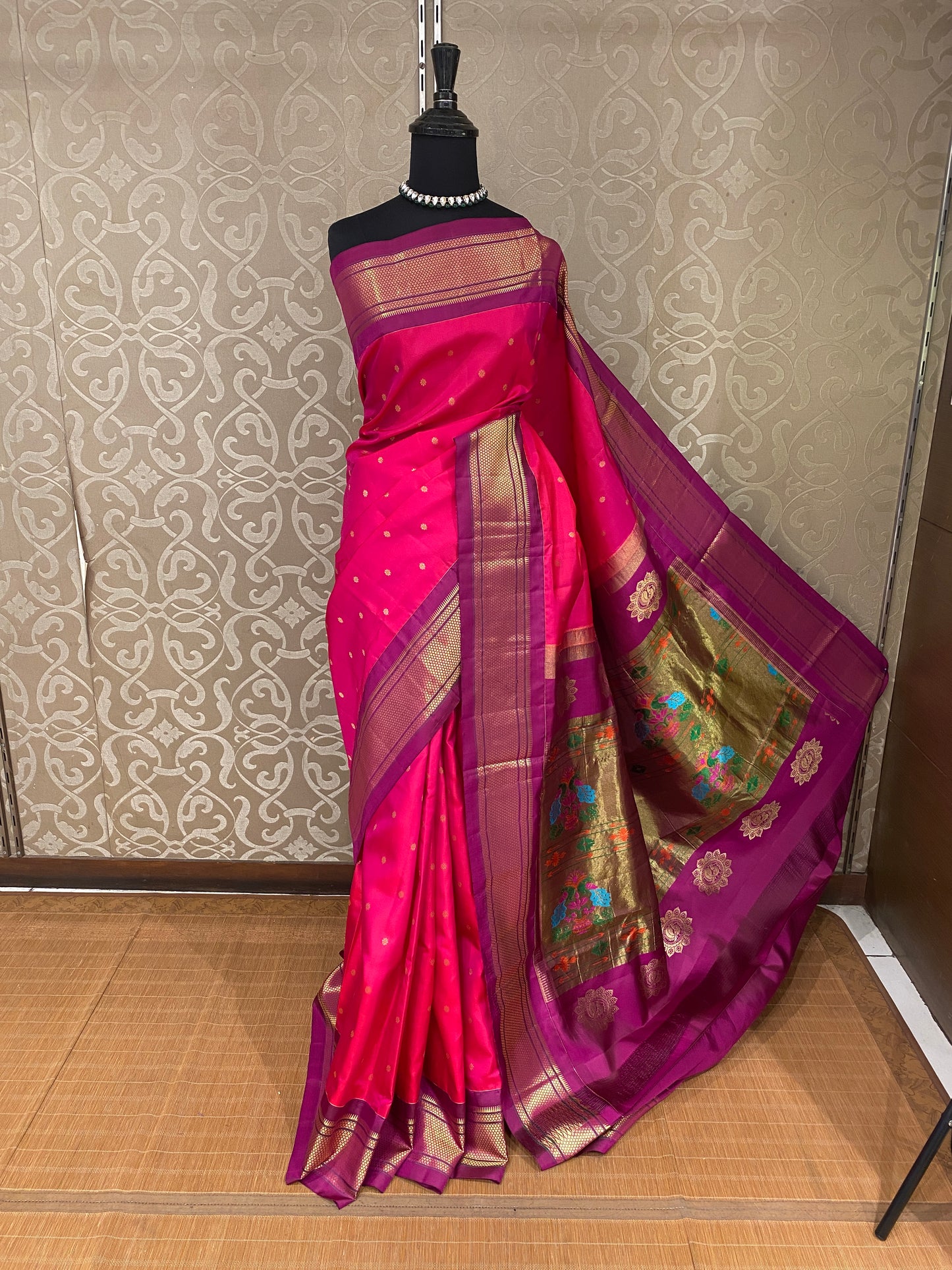 Rani & Red Paithani Silk Saree, Multi Colour Weaving, With Unstiched Blouse