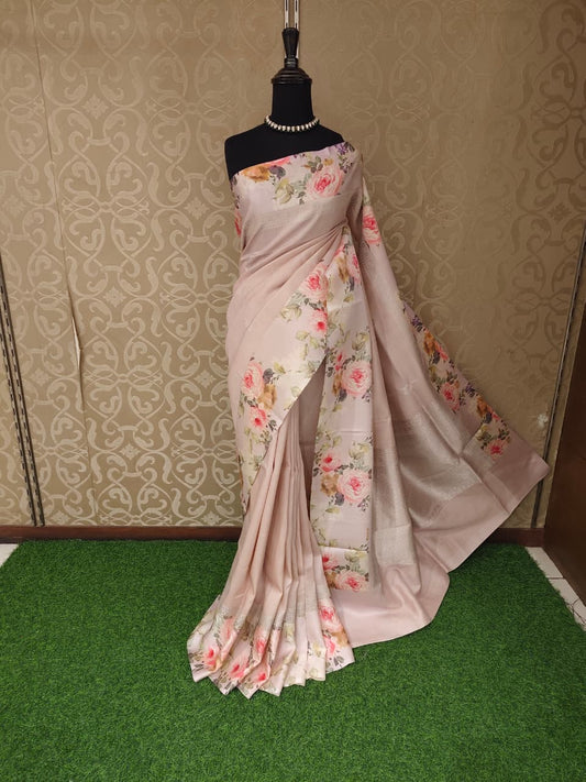 Off-White Tussar Banarasi Saree With Digital Mashru Border Print, With Unstiched Blouse