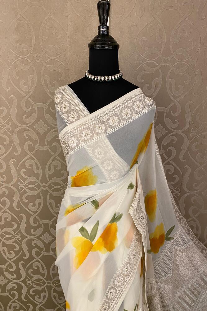 Off-White Printed Georgette Saree With Resham Embroidery Work, With Unstiched Blouse