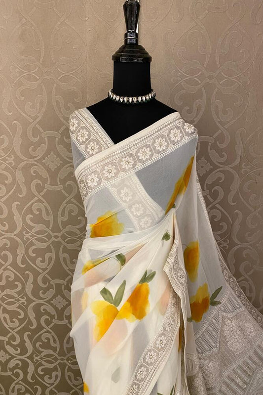 Off-White Printed Georgette Saree With Resham Embroidery Work, With Unstiched Blouse