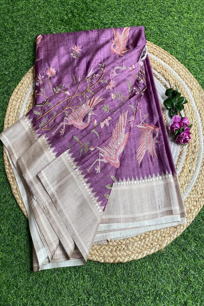 Purple Tussar Cotton Resham Work Saree, With Unstiched Blouse