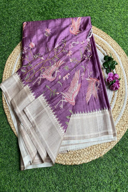 Purple Tussar Cotton Resham Work Saree, With Unstiched Blouse