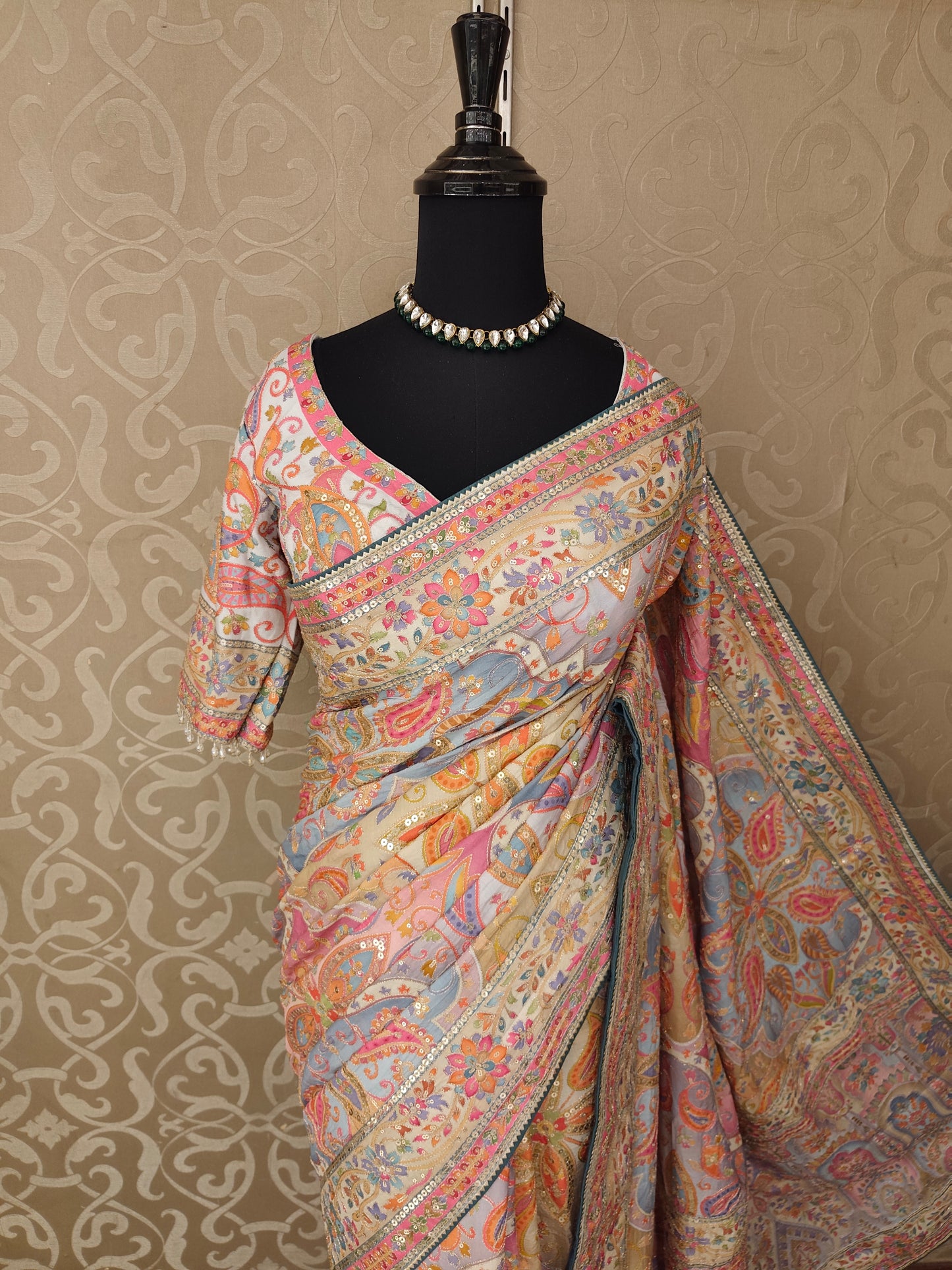 Multi Cocktail Satin Crepe Saree, With Unstiched Blouse