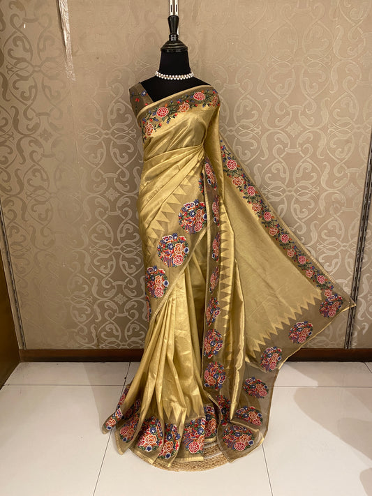 Golden Tissue Embroidery Saree, With Unstiched Blouse