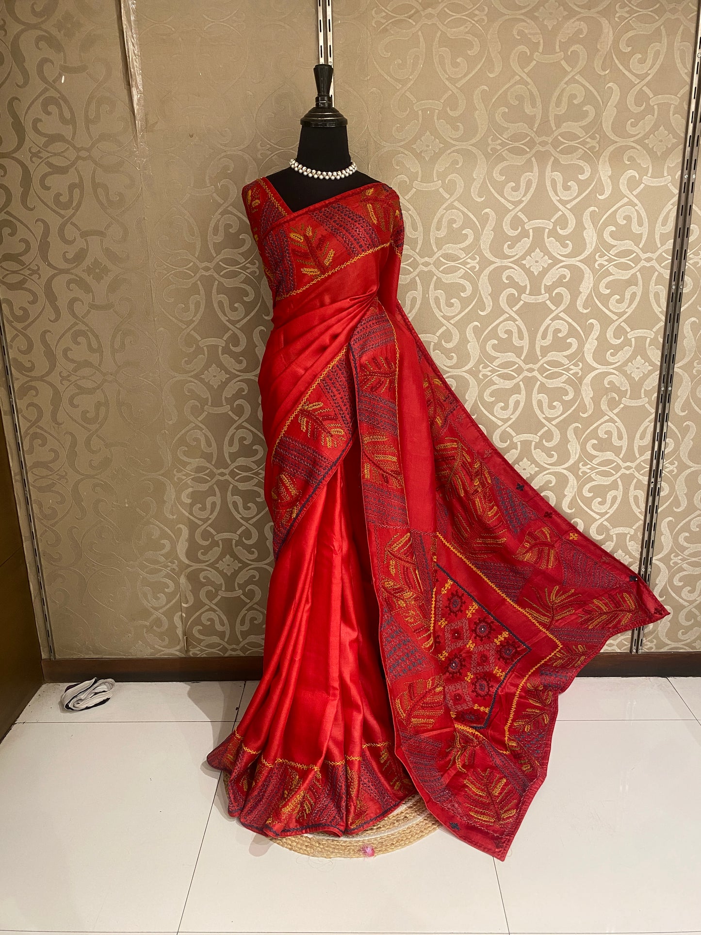 Red Tussar Embroidery Saree With Lambani Work Border, With Unstitched Blouse