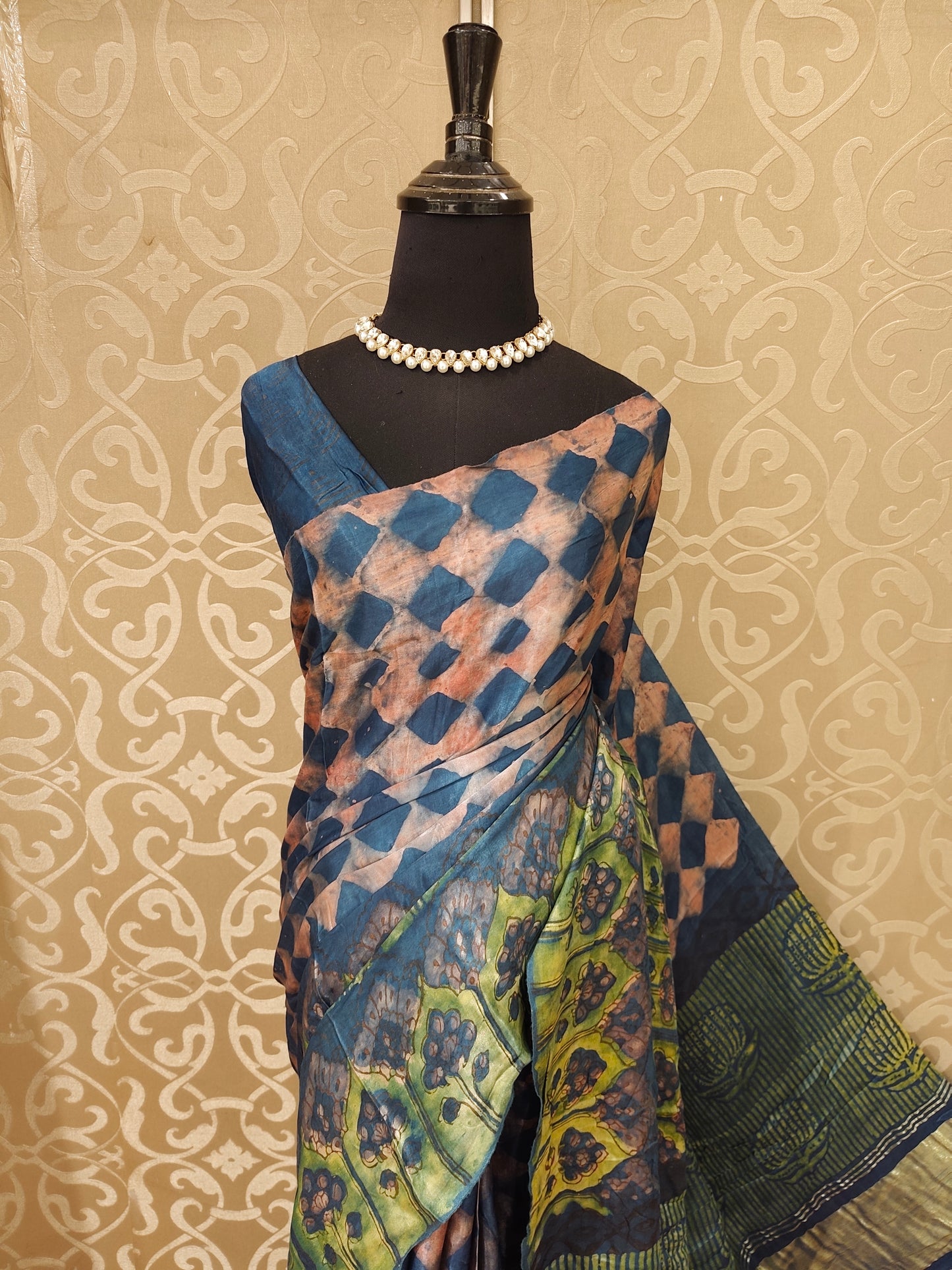 Orange & Blue Pure Modal Silk Ajrakh Printed Saree With Unstich Blouse