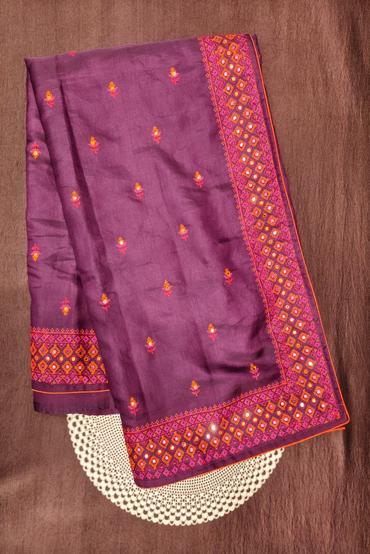 Deep Purple Semi Munga Silk Cross Stitch Work Saree, With Unstiched Blouse