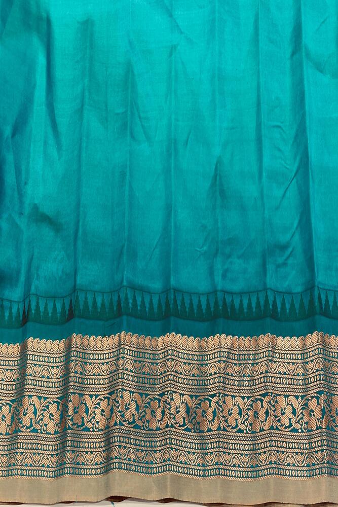 Golden peach Gadwal silk saree with intricate border and matching unstiched blouse, traditional wear by Saarang Sarees