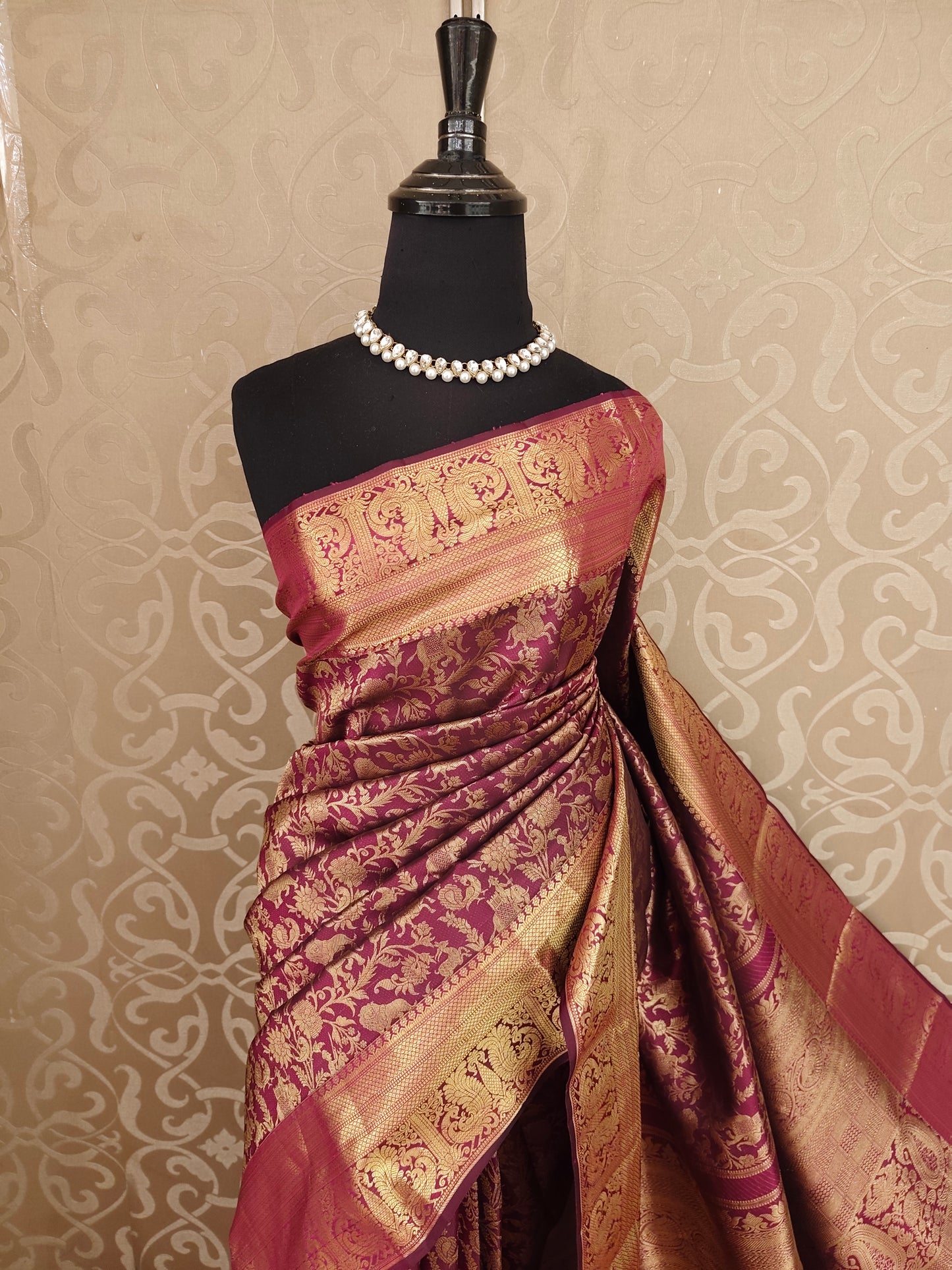 Golden Purple Pure Kanjeevaram Silk Saree, With Unstiched Blouse