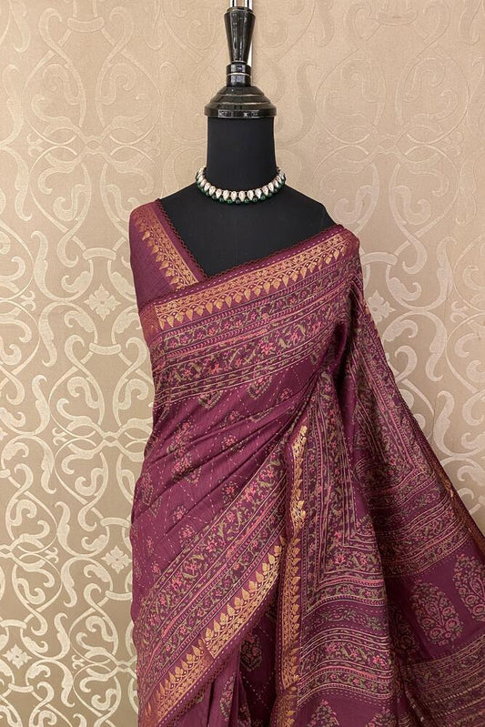 Saarang Sarees wine Munga silk printed saree with Kantha work and unstitch blouse, traditional Indian wear with intricate embroidery.