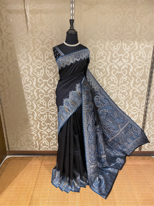 Black Pure Kani Handloom Silk Saree With Unstiched Jamewar Woven Blouse
