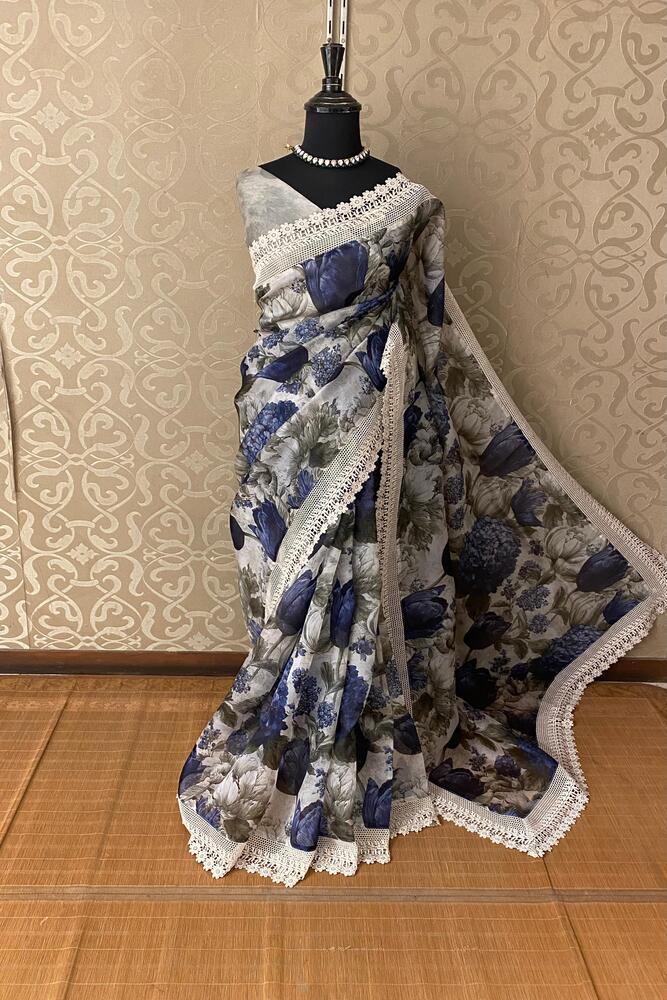 Grey Printed Organza Lace Work Saree, With Unstiched Blouse