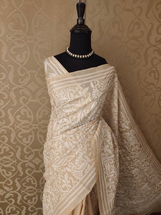 Beige Tussar Embroidery Saree With Kantha Work Border, With Unstitched Blouse
