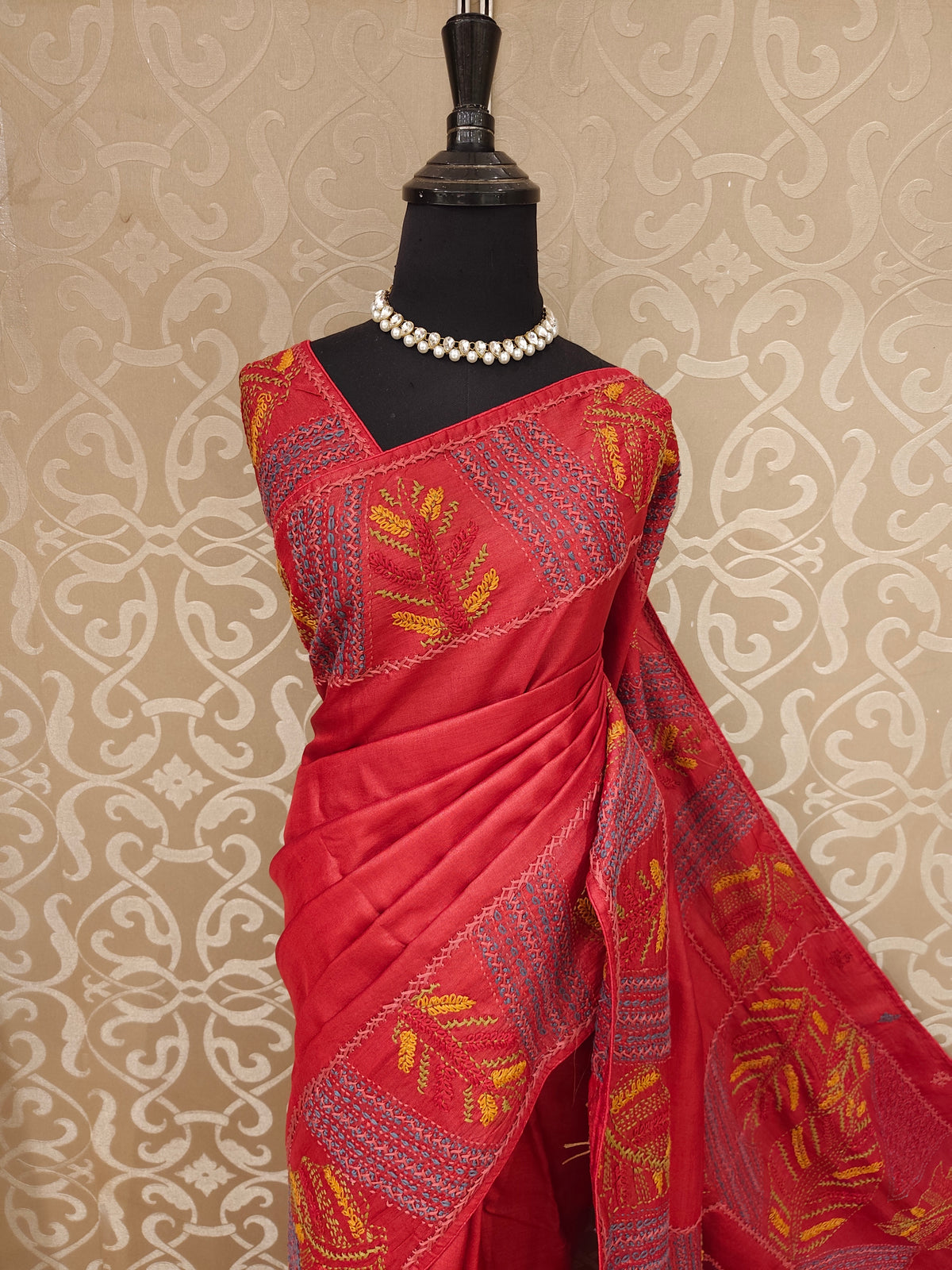 Red Tussar Hand Embroidery Saree, With Unstitched Blouse