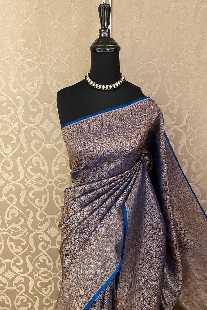 Deep Blue Brocade Kora Banarasi Silk Saree, With Unstiched Blouse
