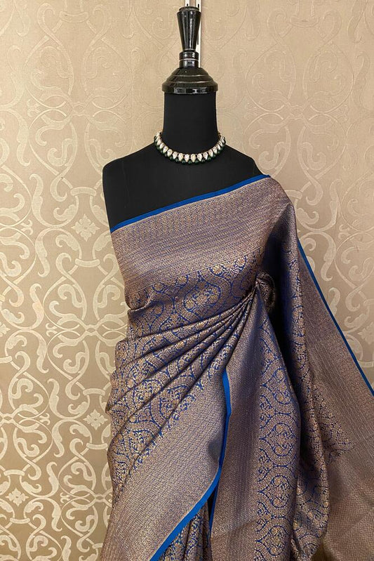 Deep Blue Brocade Kora Banarasi Silk Saree, With Unstiched Blouse